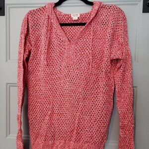 red white marled Mossimo soft textured open knit hooded sweater hoodie, size L